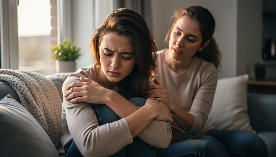 Person sitting alone at a kitchen table with hands clasped, creating a calm, introspective mood connected to emotional struggle and support.