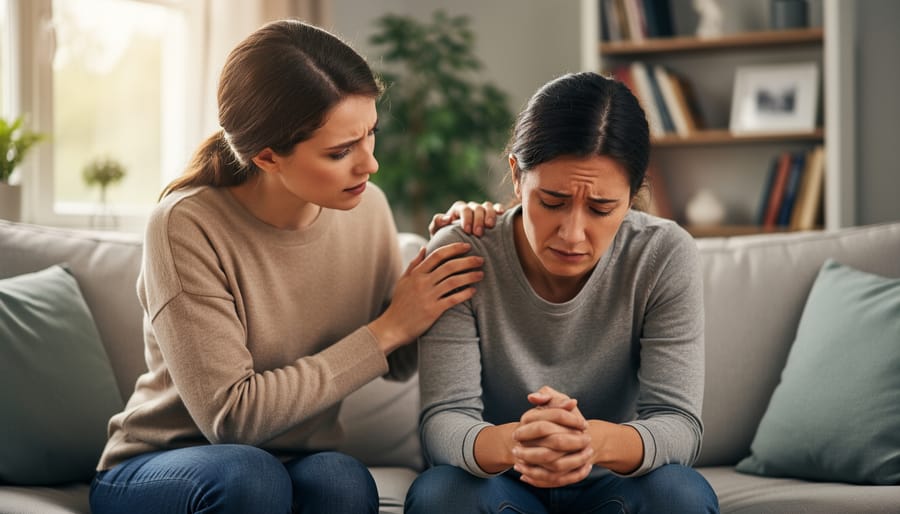 Person sitting beside a distressed person on a couch in a calm, supportive living room setting