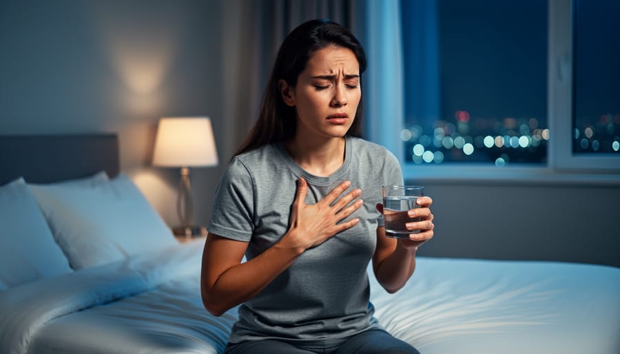Woman sitting in a dim bedroom at night with her hand pressed to her chest, conveying the sensation of anxiety symptoms.