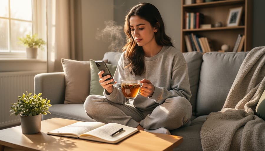 Person practicing self-soothing at home with a phone set aside in a calm, quiet setting