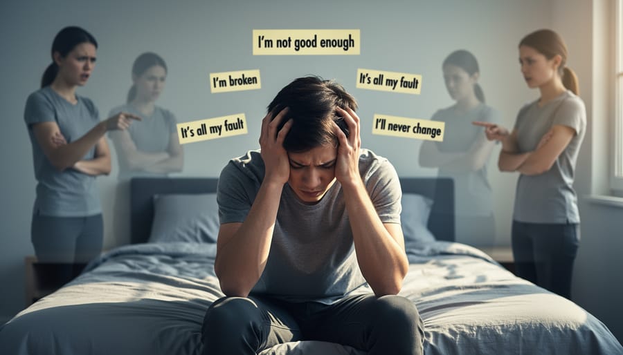 Person holding their chest in front of a mirror with a discouraged expression, symbolizing internalized shame.