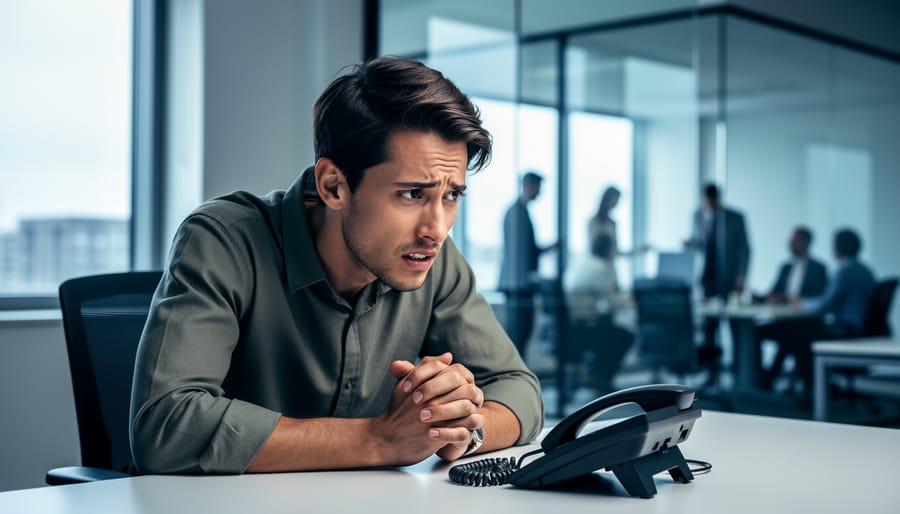 A Canadian office worker at a desk appears anxious and apprehensive, with a blurred office meeting setting in the background.