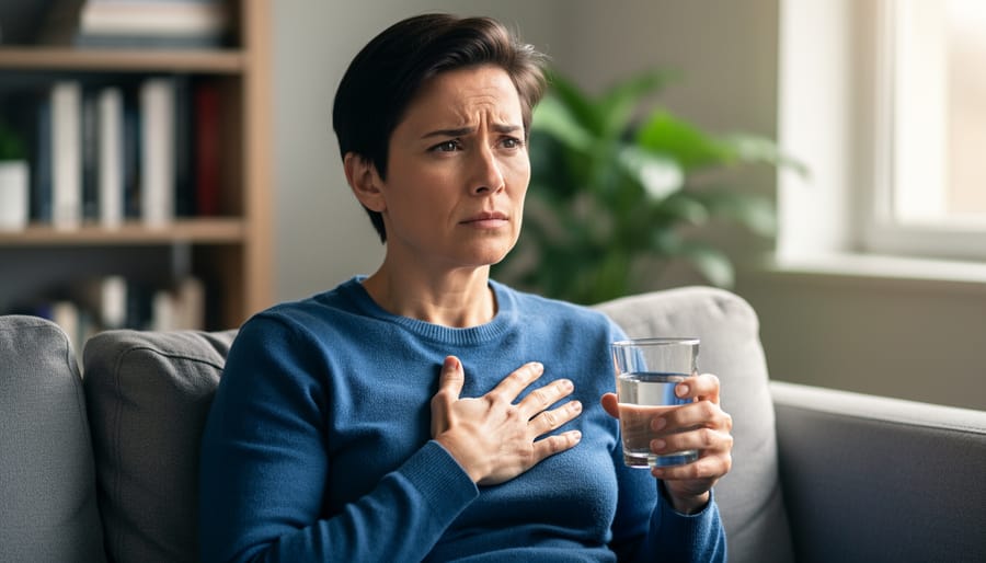 “Person sitting in a quiet living room with a hand over their chest and a glass of water, looking calmer and steadier in soft natural light.”