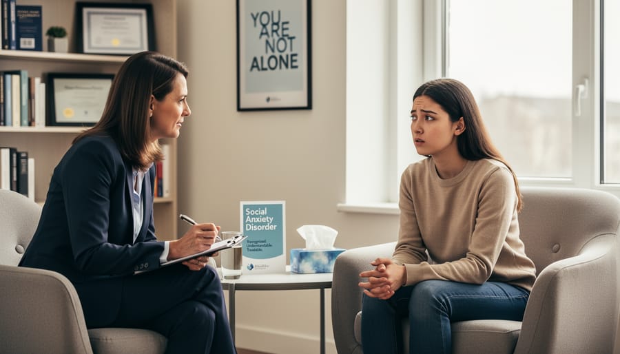 Calm therapy office scene with a client seated and a therapist’s hands offering care beside a blank notebook.