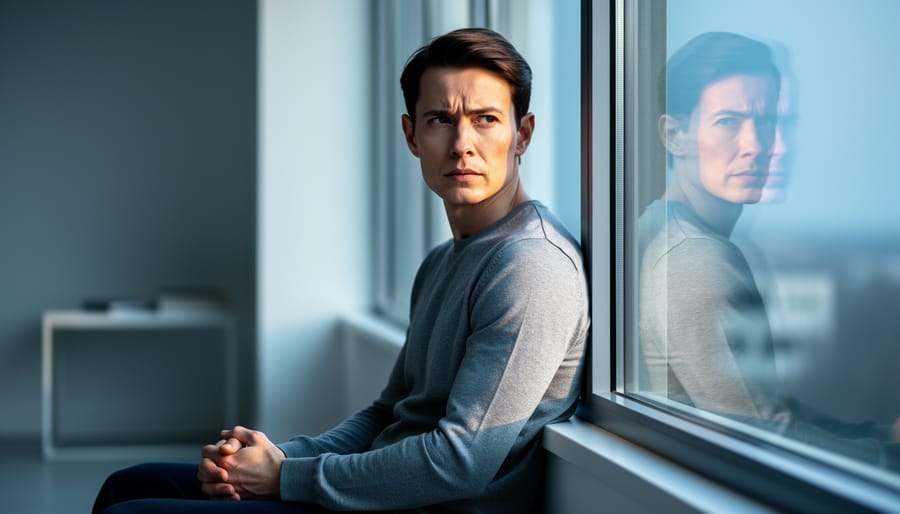 “Person sitting near a window with soft side daylight and a subtle split reflection in the glass representing inner emotional conflict.”