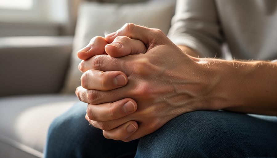 Close-up of a woman’s hands gripping a blanket, suggesting tension during anxiety