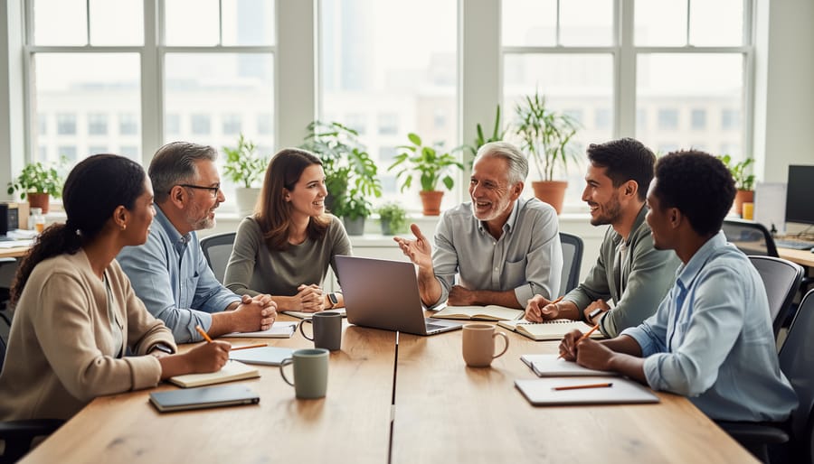 Diverse coworkers sitting together in an office lounge during a supportive mental health discussion