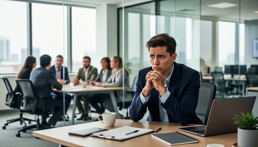 Office worker standing near a meeting room door looking tense and overwhelmed, with a coffee cup in hand.