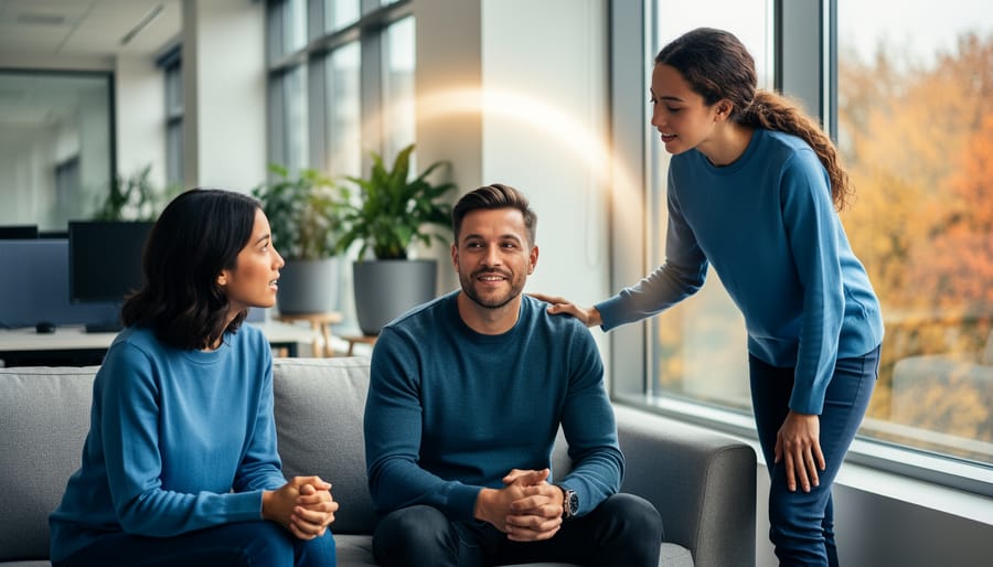 Diverse coworkers in a modern office break area sharing a supportive, welcoming moment with soft natural light and calm, hopeful atmosphere.