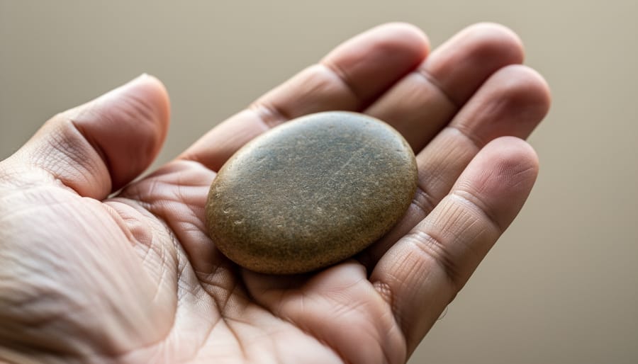Close-up of hands near a worry stone and a cup on a table in warm morning light.