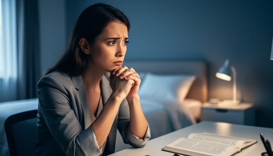 “Person seated at a desk with hands clasped and tense posture under soft window light, representing chronic anxiety.”