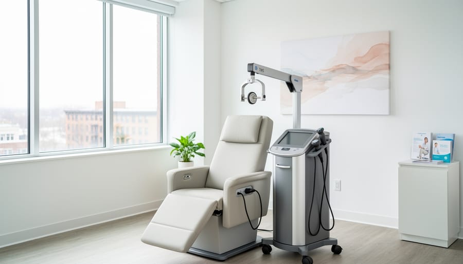 Modern clinic consultation room with a patient chair and medical equipment on a stand
