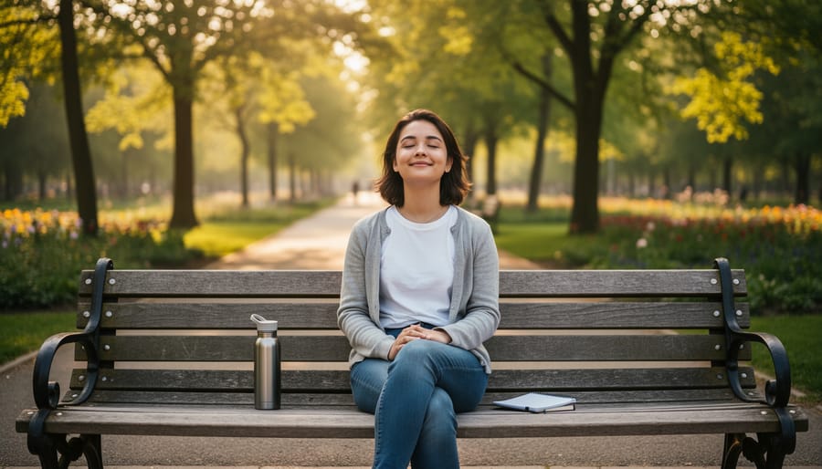 Person sitting in a quiet park holding a cup of tea with a hand over their chest