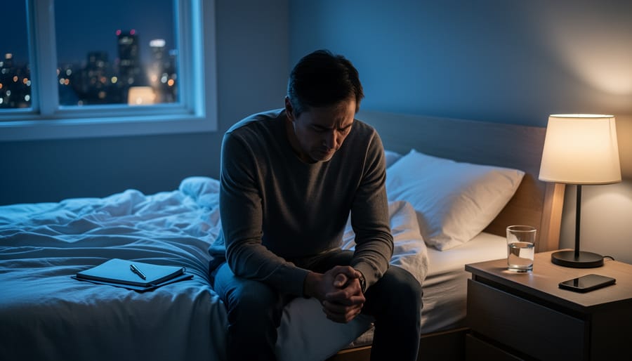 Person sitting on the edge of a bed at night with hands on their head, looking distressed