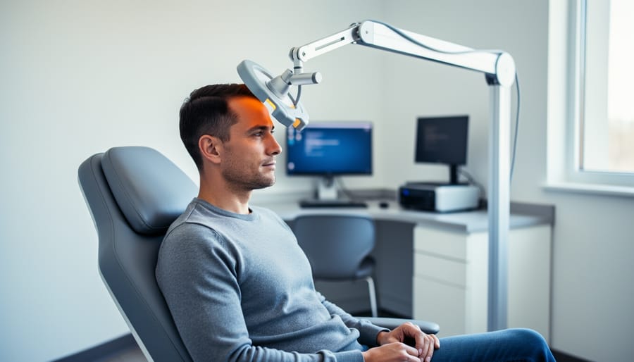 Calm patient seated in a clinical room during a TMS session, with the magnetic coil positioned above the temple area.