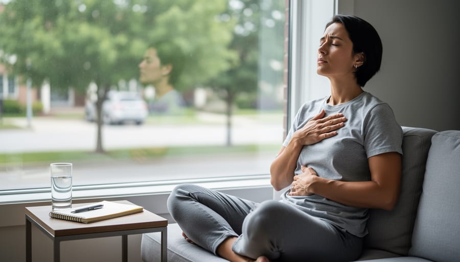 Person standing by a window with eyes closed and hands pressed together, practicing calming grounding