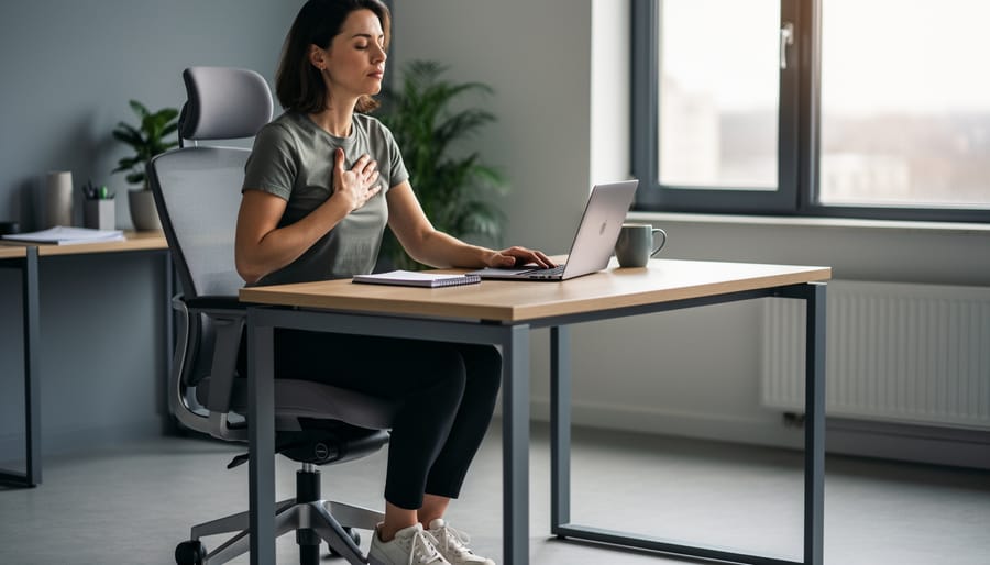 Office worker’s hands resting calmly on a desk with a pen, suggesting a grounding pause during workplace anxiety.