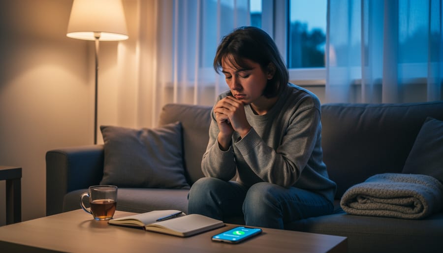 Person sitting on a couch with hands over their face in a softly lit living room