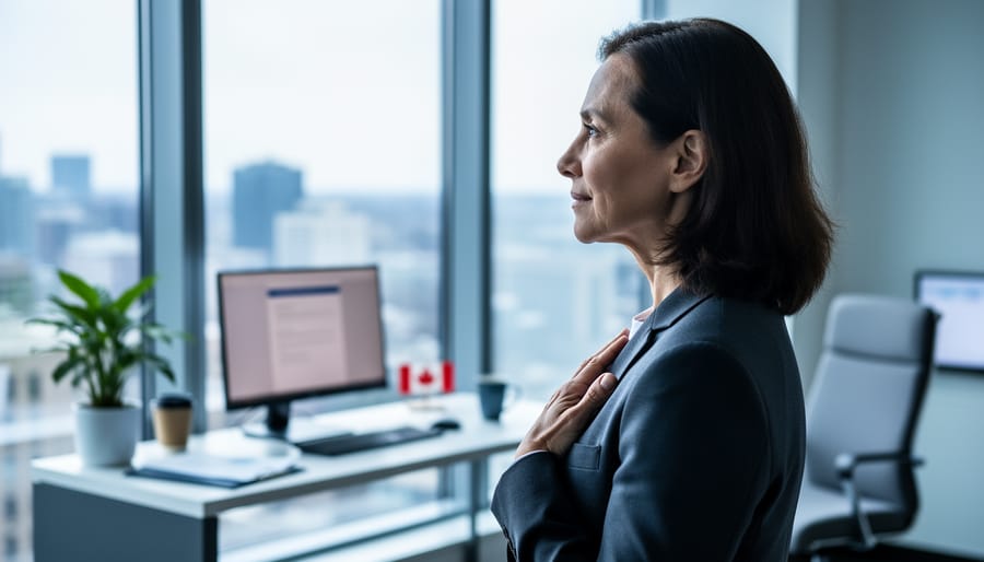 Person standing near an office window, looking thoughtful and supported, representing taking protected mental health leave in Ontario.