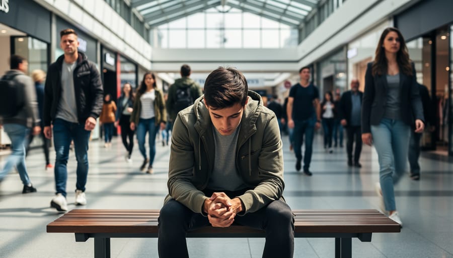Person sitting alone in a café looking anxious and tense, with softly blurred people in the background