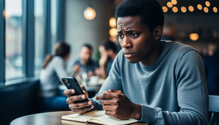 Person holding a phone and writing in a notepad, looking anxious as warm lights in the background suggest a social environment.