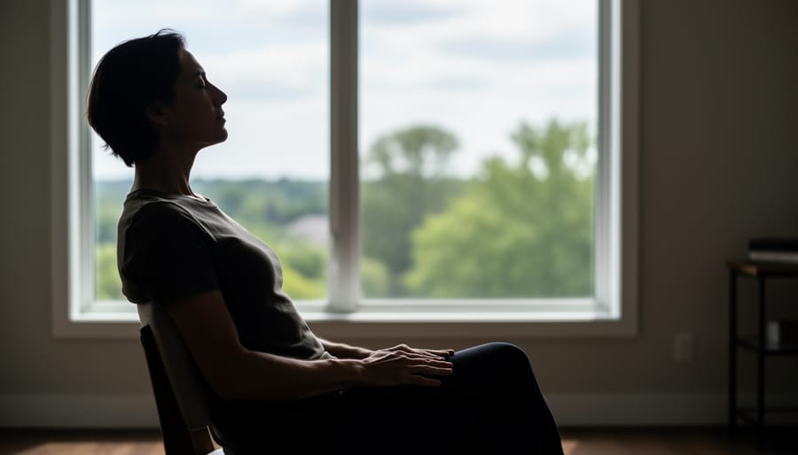 Silhouette of a seated person with eyes closed near a window, hand resting on chest for grounding breathing.