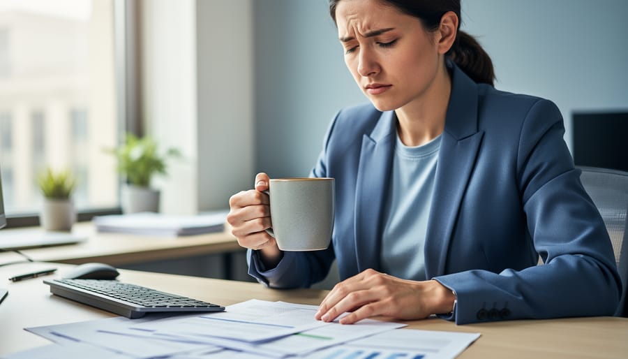 A seated office professional holding a coffee mug and taking a calming moment to ground themselves, with a softly lit desk and blurred workplace background.