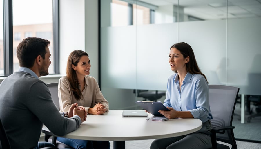 Coworkers in a modern office hallway having a calm supportive conversation