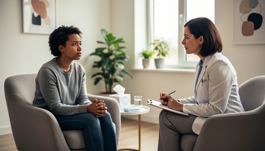 Client sitting with a mental health professional in a calm office while holding a notebook.