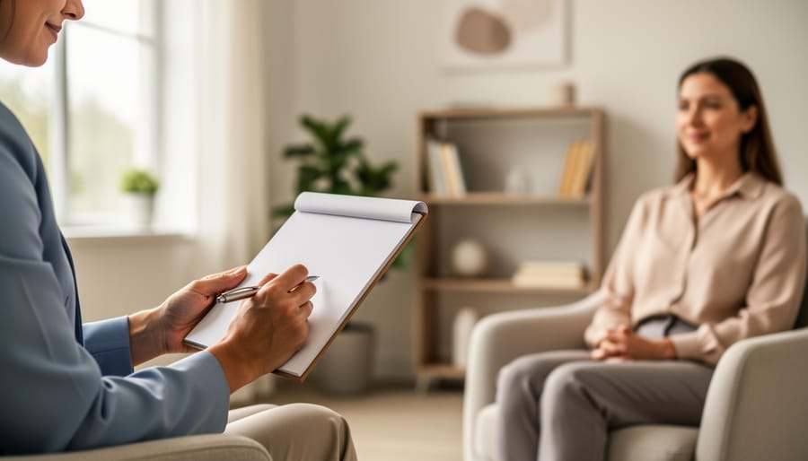 Clinician and client facing each other in a calm therapy office, with the clinician holding a notepad during a mental health evaluation.