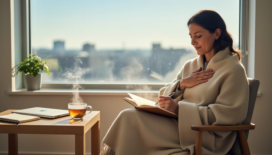 Person holding a worry stone in a softly lit living room, conveying calm and self-care.