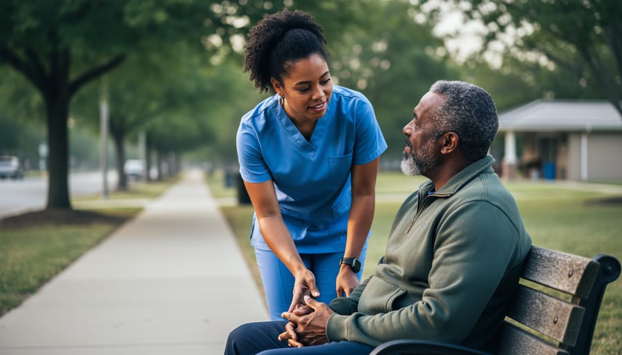 A mental health case manager walking beside an adult seated on a park bench, representing community-based ACT care and supportive recovery.