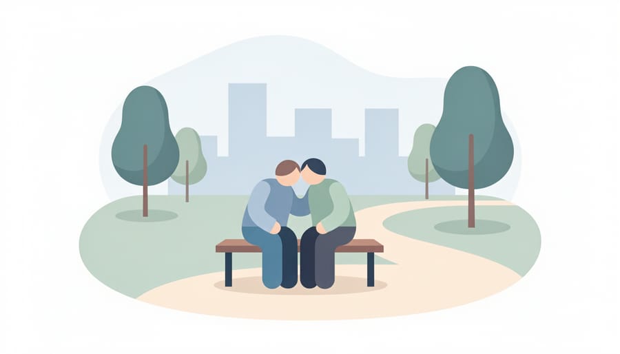 A clinician stands with a client at a bus stop shelter, offering supportive care in the community.