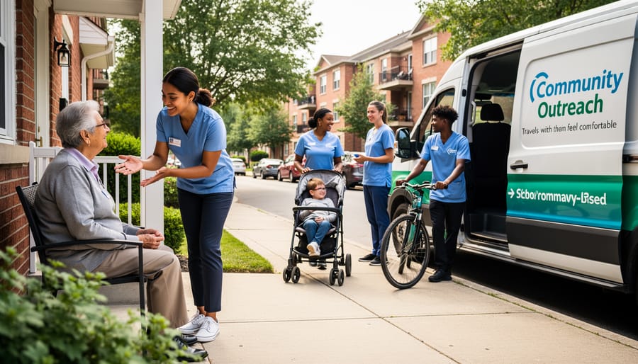 Care team members walking with a client in a neighborhood during warm evening light.