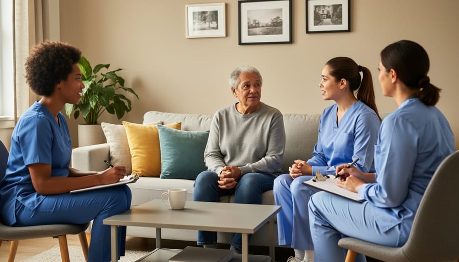 Mental health professionals and a peer support specialist meeting with a client in a living room.