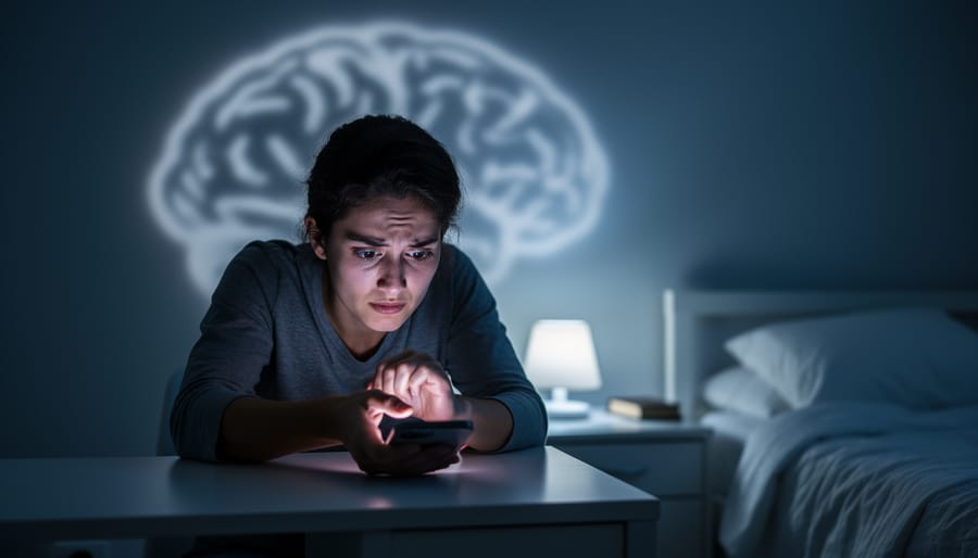 Person seated at a desk at night with tense expression, lit by a cool lamp, with blurred shadowy shapes suggesting anxiety and worry spiraling.