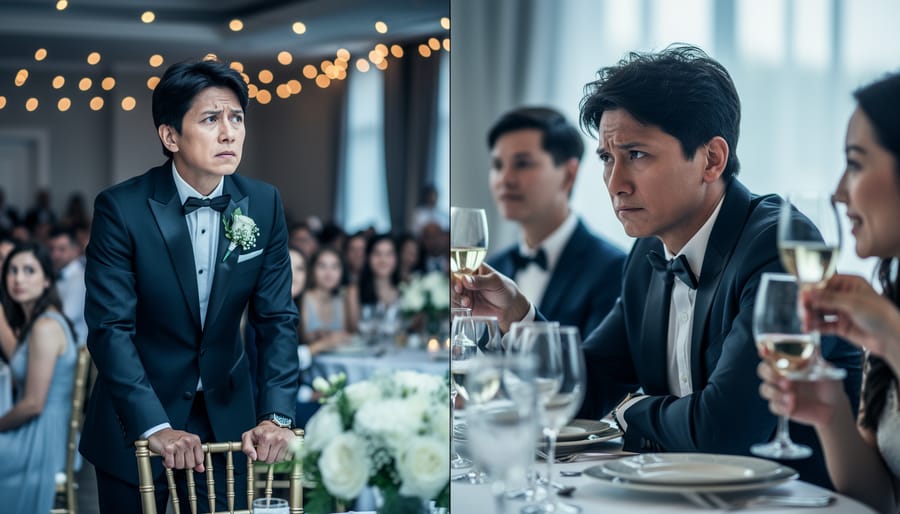 A tense person in a crowded wedding setting and at a group gathering, looking overwhelmed as if fearing they cannot escape or being judged.
