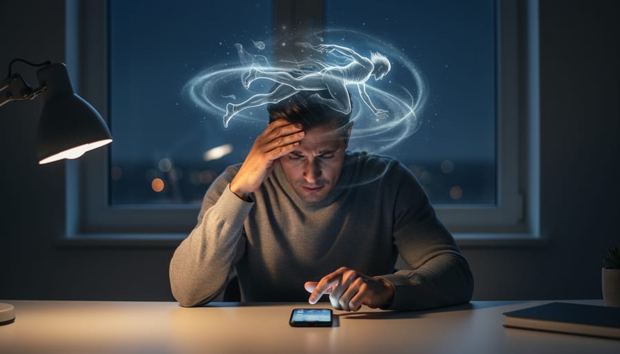 Person sitting at a desk at night with a worried expression, illuminated by a desk lamp, with a subtle glow suggesting intrusive thoughts.
