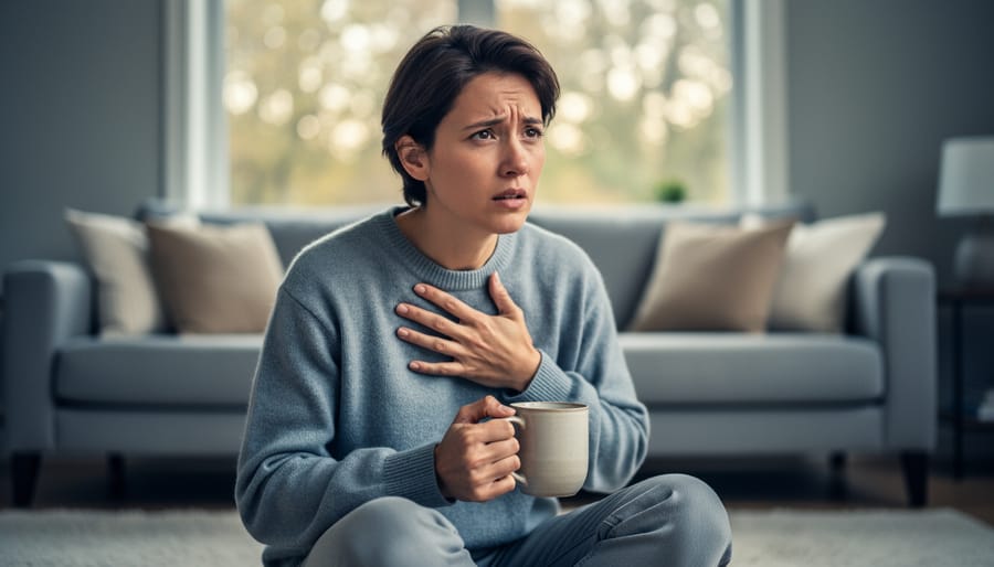 Person sitting in a softly lit living room with a hand on their chest holding a mug, suggesting anxiety as a complex mental and physical state.