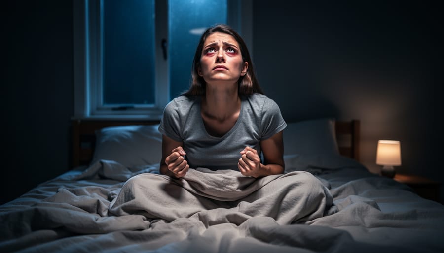 Person sitting on a bed at night with tense posture, suggesting anxiety-related sleep disruption