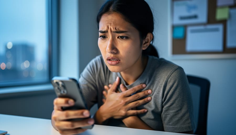 Close-up of a person at a desk with a hand on their chest, looking tense and uncertain, with a softly blurred background suggesting anxiety or fear.