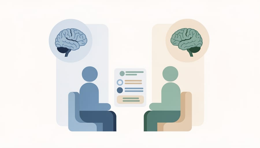 Therapist and client sitting facing each other in a calm office with a supportive, hopeful mood.