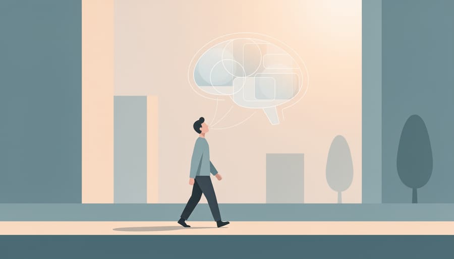 Person walking calmly at dawn with relaxed shoulders on a city sidewalk