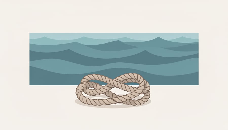 Coiled rope with frayed ends on a beach with blurred waves in the background.