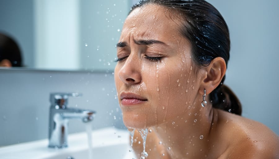 Person splashing cool water onto their face at a sink as an anxiety grounding technique