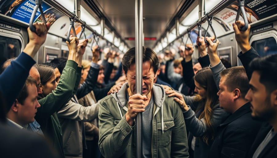 Person gripping a train platform railing while looking toward an exit area in a crowded station.