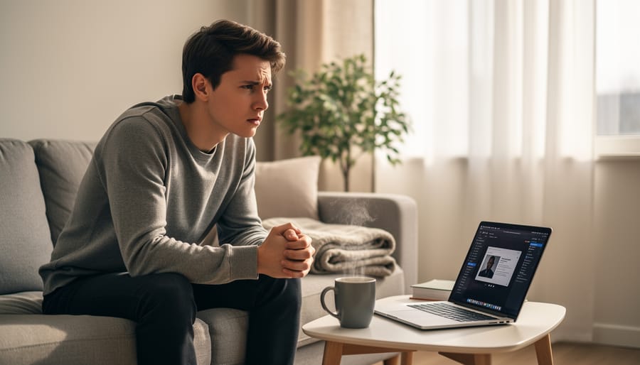Person sitting at a kitchen table with clasped hands and a tense, anxious expression.