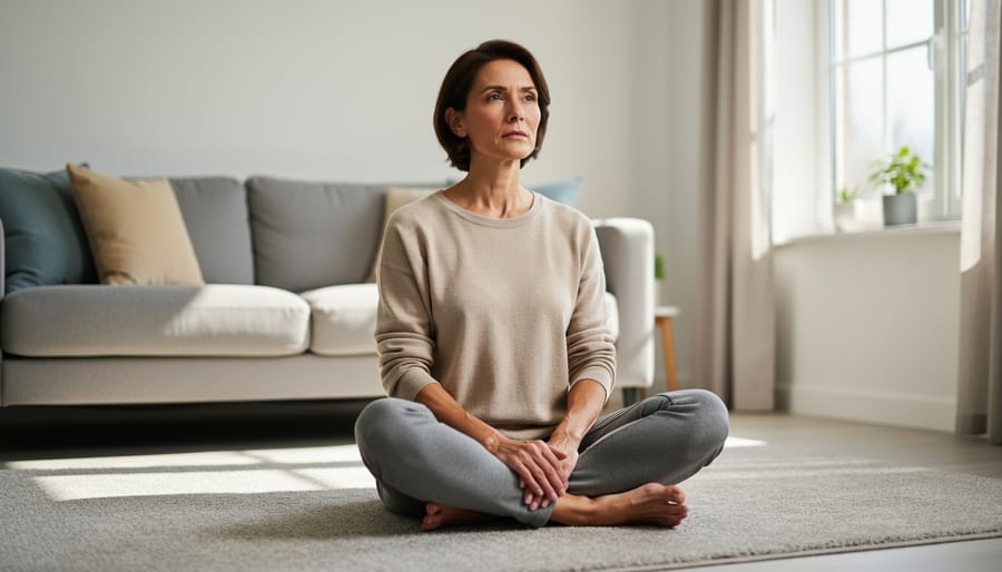 Person seated with eyes closed in a calm, grounded posture near a window