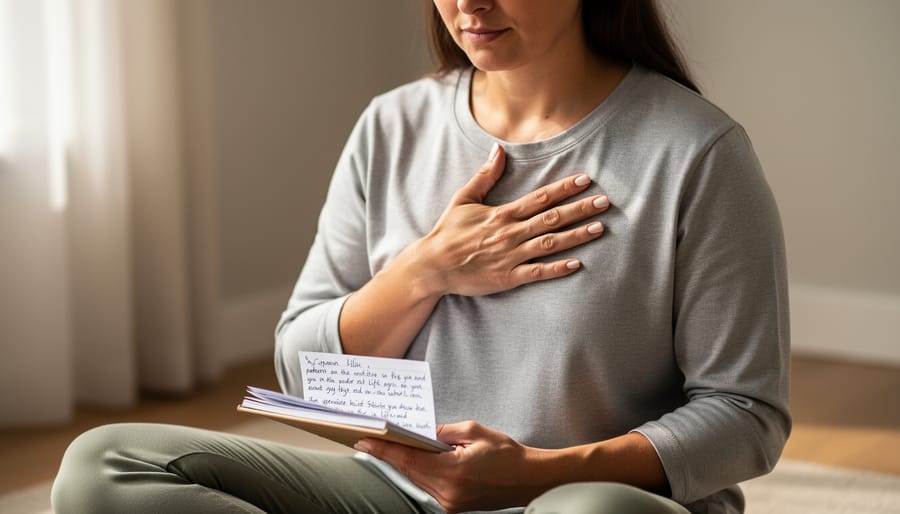Person standing with eyes closed, hand on abdomen, holding a notepad and pen in a softly lit hallway.