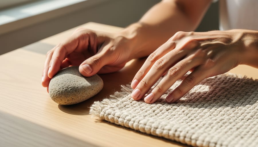 Close-up of hands feeling a smooth stone and textured fabric for grounding